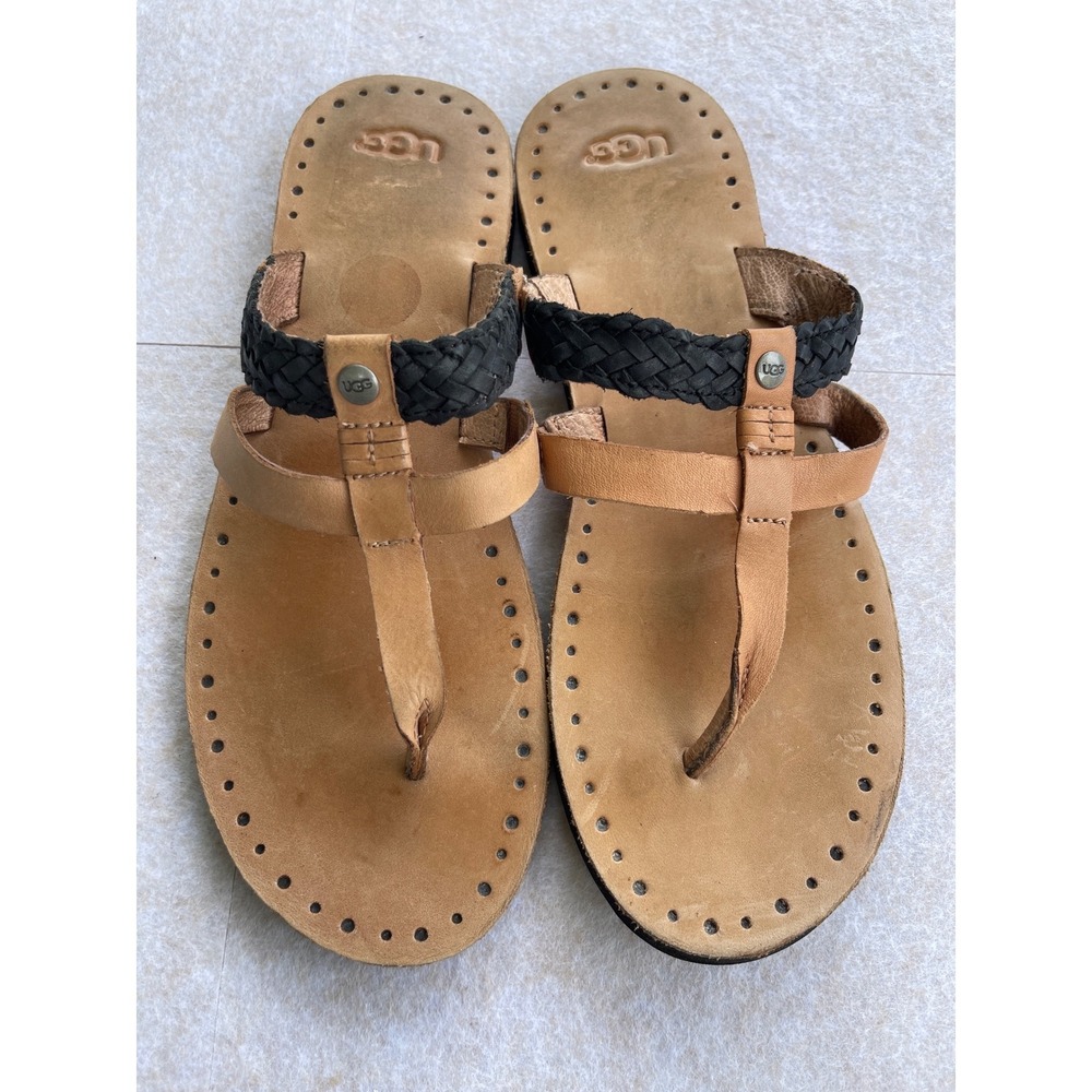 UGG Audra Braided Leather Thong Sandals Tan Black Flat Slides Womens 10 Boho